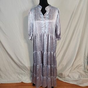 KARLIE Size Small Satin Tiered Ruffle Band Collar Puff Sleeve Prairie Maxi Dress